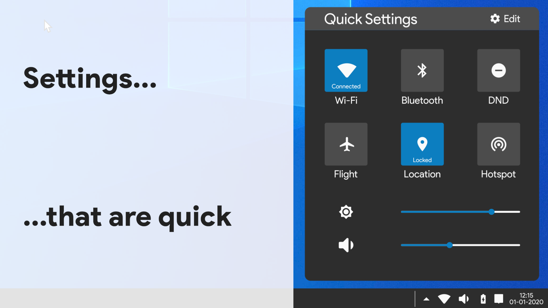 Quick settings showing commonly used toggles at a glance